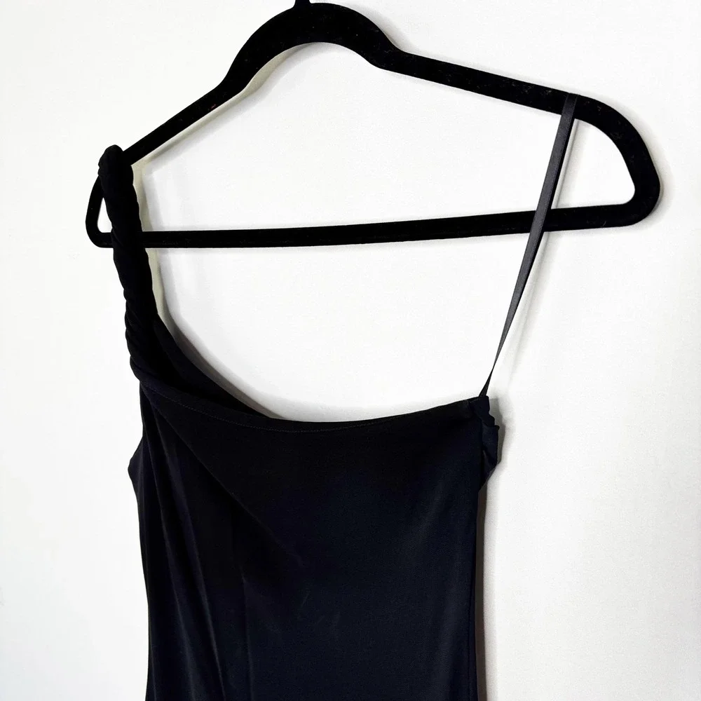 90s Cache Rolled One Shoulder Asymmetrical Hem Draped Midi Dress Black Size M - Picture 8 of 10